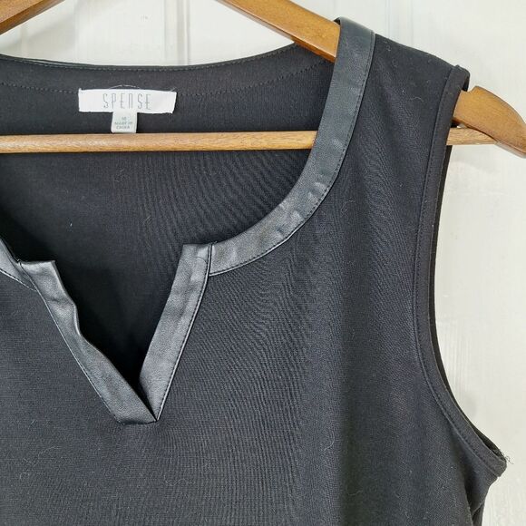 Spense Black Sleeveless Sheath Dress Faux Leather Piping & Hemline Sz 10 - Picture 3 of 11